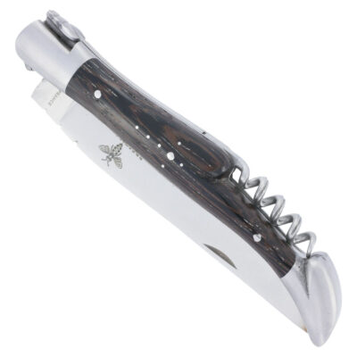 Couteau Laguiole Prestiforge 2 Pièces Manche Wenge 2 mitres Platine en Inox Brossé Ressort Lisse en Inox Brossé Tire Bouchon Mouche Forgée 12cm