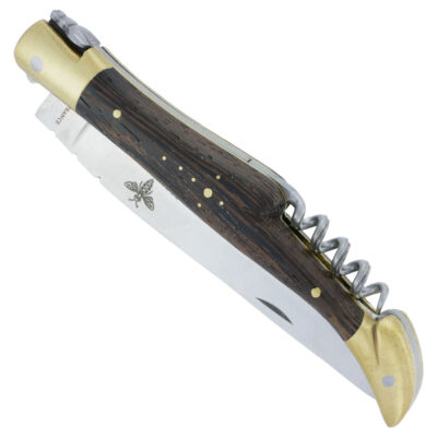 Couteau Laguiole Prestiforge 2 Pièces Manche Wengé 2 mitres et Platine en Laiton Brossé Ressort Lisse en Inox Brossé Tire Bouchon Mouche Forgée 12cm